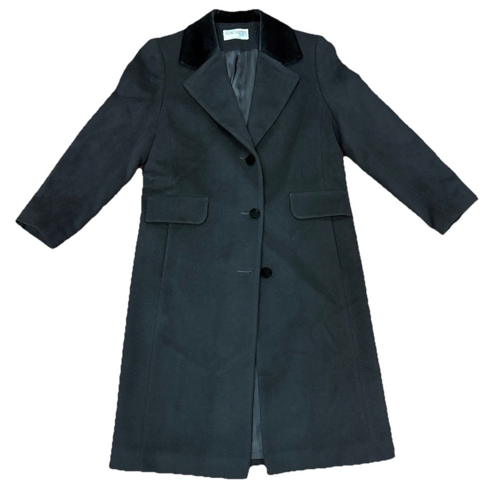 Vintage Forecaster of Boston Women 100% Wool Trench Coat Black Size 6 Mde In USA